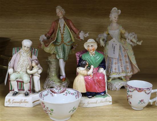 A pair of Staffordshire figures, My Grandmother and My Grandfather and sundry ceramics, tallest figure 24.5cm